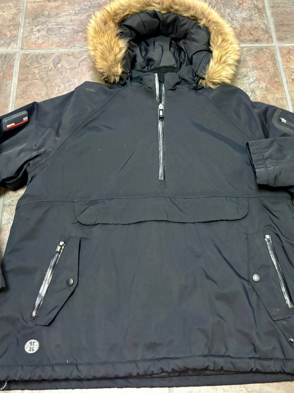 ~~Lands End Recco Black Quilted Down Parka Jacket Faux Fur Hood Size L 14/16**